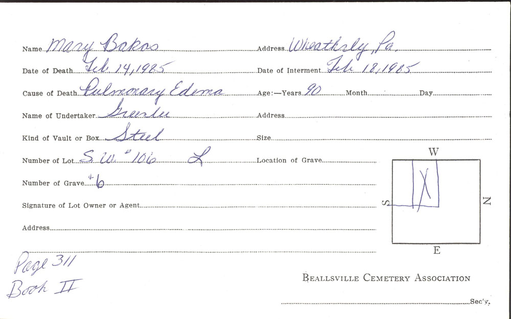 Mary Bakos burial card